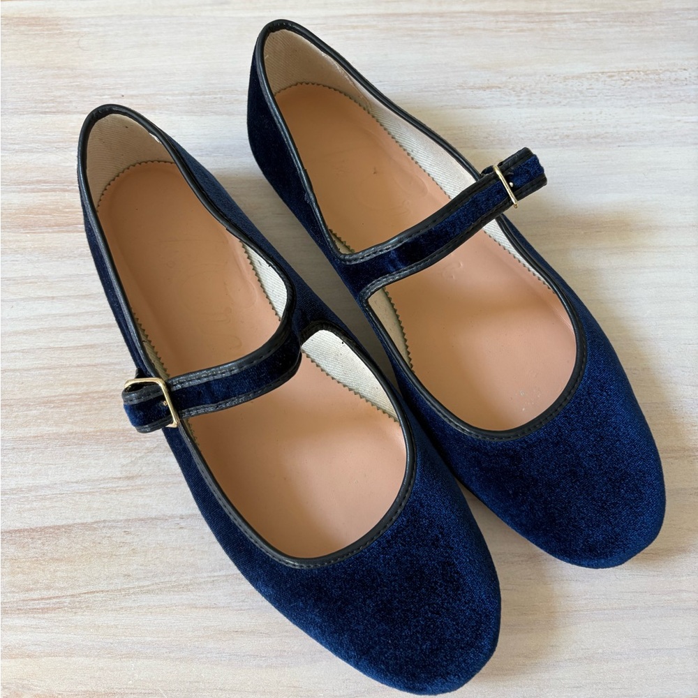 J Crew Navy Velvet Mary Jane Ballet Flats Shoes 8.5 - Picture 2 of 7